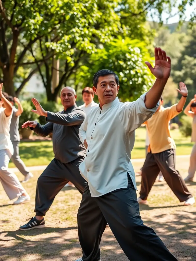 A dynamic image of an advanced Tai Chi class in Bracknell, featuring students demonstrating powerful and fluid movements.
