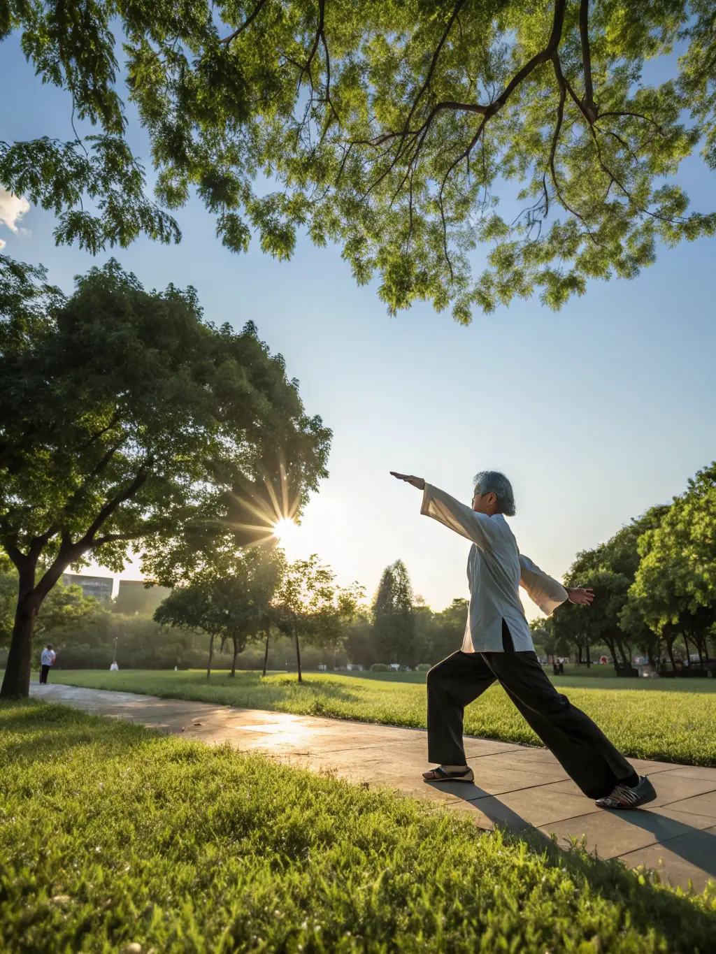 A focused image of a Tai Chi practitioner performing a slow, deliberate movement, emphasizing mental clarity and mindfulness, with a backdrop of natural greenery.