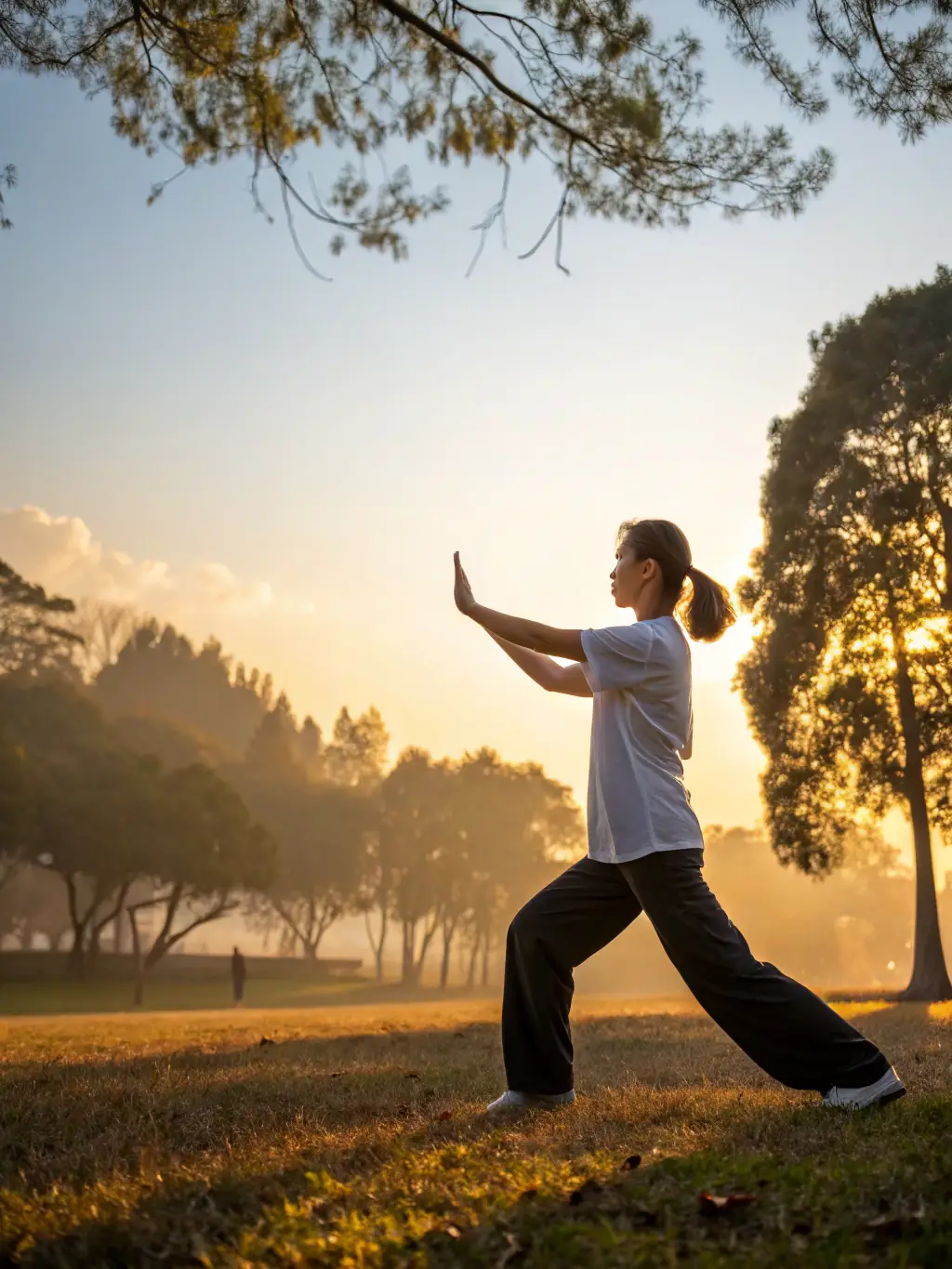 A serene image of an individual in a balanced Tai Chi pose, highlighting improved stability and control, set against a blurred natural background.