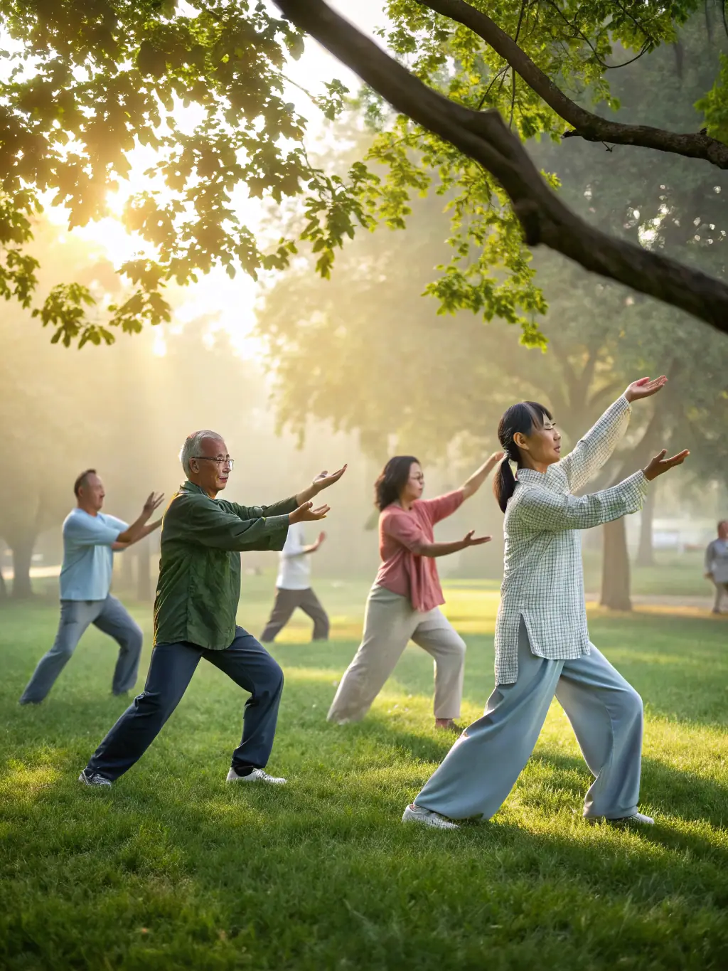An image showcasing a group of people performing Tai Chi movements in unison, demonstrating improved flexibility and posture, in a bright and airy studio.
