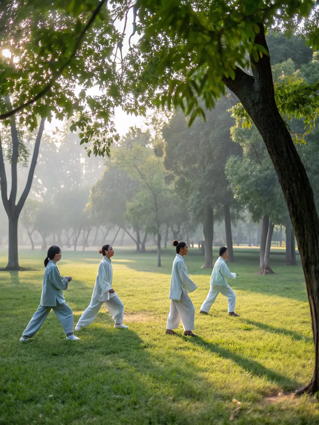 An image showcasing an intermediate Tai Chi class in Bracknell, with students performing more complex forms and movements.